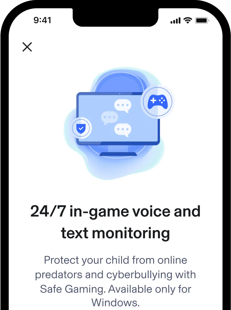 Phone displaying Aura's safe gaming feature. Text: 24/7 in-game voice and text monitoring. Protect your child from online predators and cyberbullying with Safe Gaming.